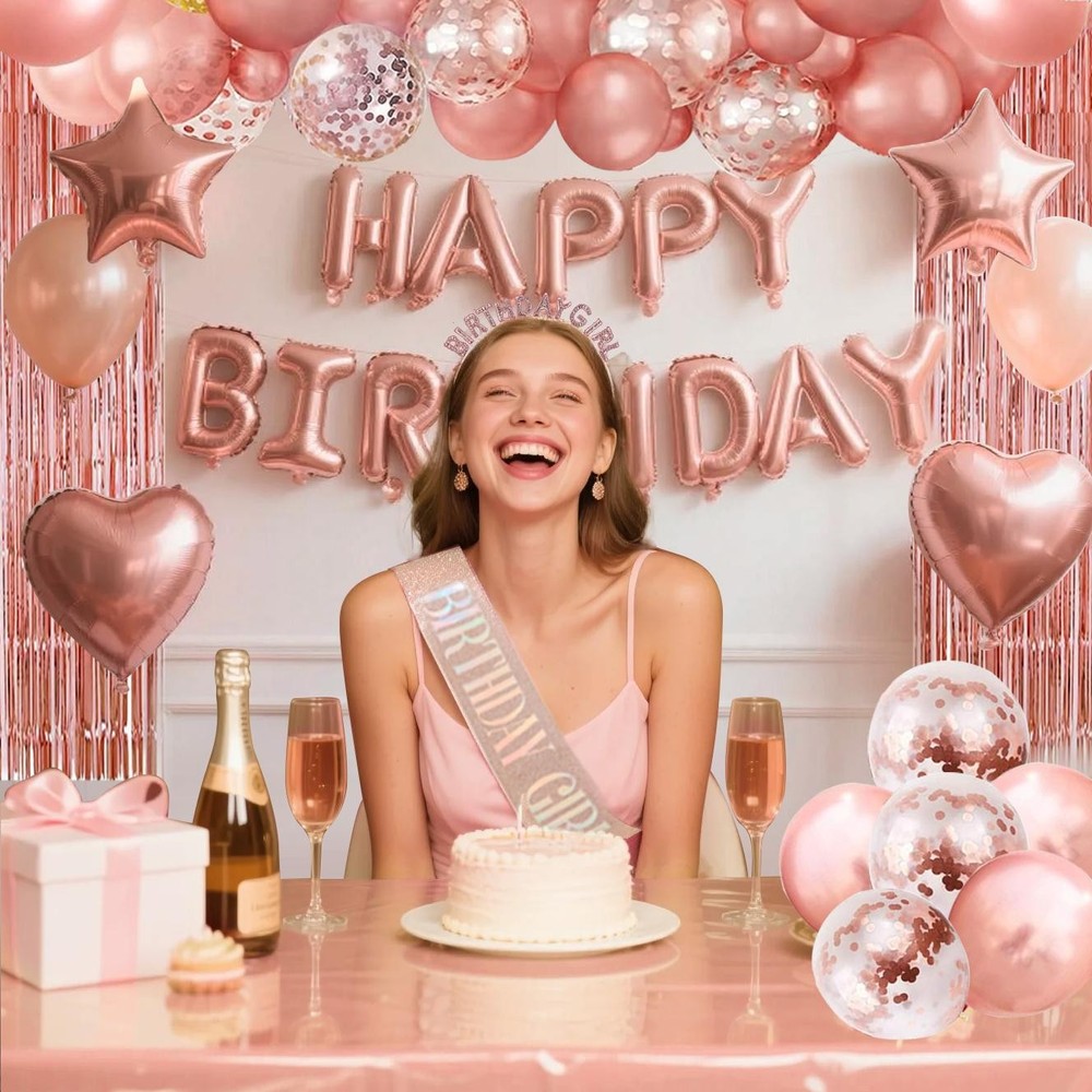 Happy Birthday Banner Pompoms Balloons Pink Fringe Curtain Set for Party Decor