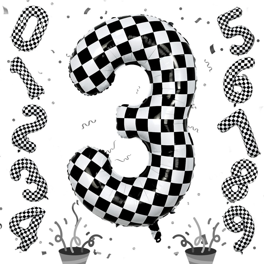 3rd Birthday Number Balloons for Boys, 40 Inch Checkered Racing Foil 3 Balloo…