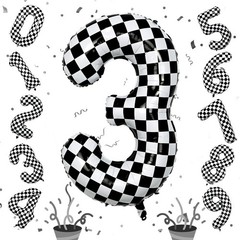 3rd Birthday Number Balloons for Boys, 40 Inch Checkered Racing Foil 3 Balloo…