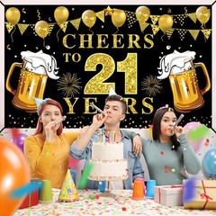 Happy 21st Birthday Banner Decorations, Black Gold Cheers to 21 years Backdro…