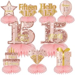 15th Birthday Honeycomb Centerpieces Rose Gold Table Toppers Decor for Girls