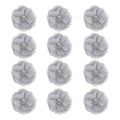 12Pcs 2″ Chiffon Flowers with Rhinestone Pearl Sewing Fabric Flowers, Gray