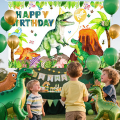 Dinosaur Birthday Backdrop Banner Roar Dino Happy Birthday Jungle Leaves T-Rex D