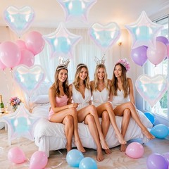 9Pcs Iridescent Foil Balloons, 18in Heart Star Iridescent Balloons Large Holo…