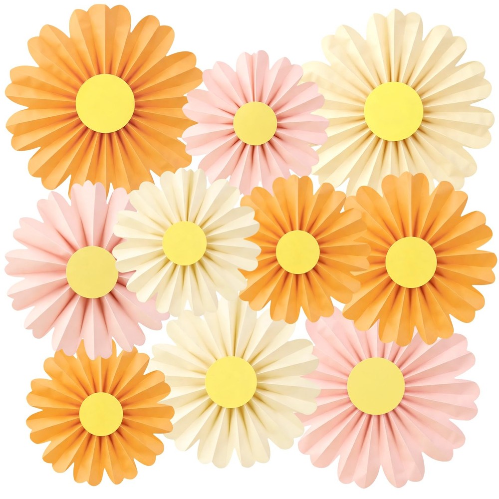 10 PCS Daisy Paper Flowers Decorations Pink Orange Party Fans Hanging Decor