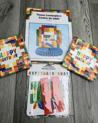 BUILDING BLOCK HAPPY BIRTHDAY PARTY KIT 7′ BANNER ,NAPKINS , 10″CENTER PIECE