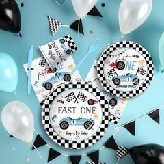 Fast One Birthday Decorations For Boys Tableware – Blue Race Car 1st Birthday Pa