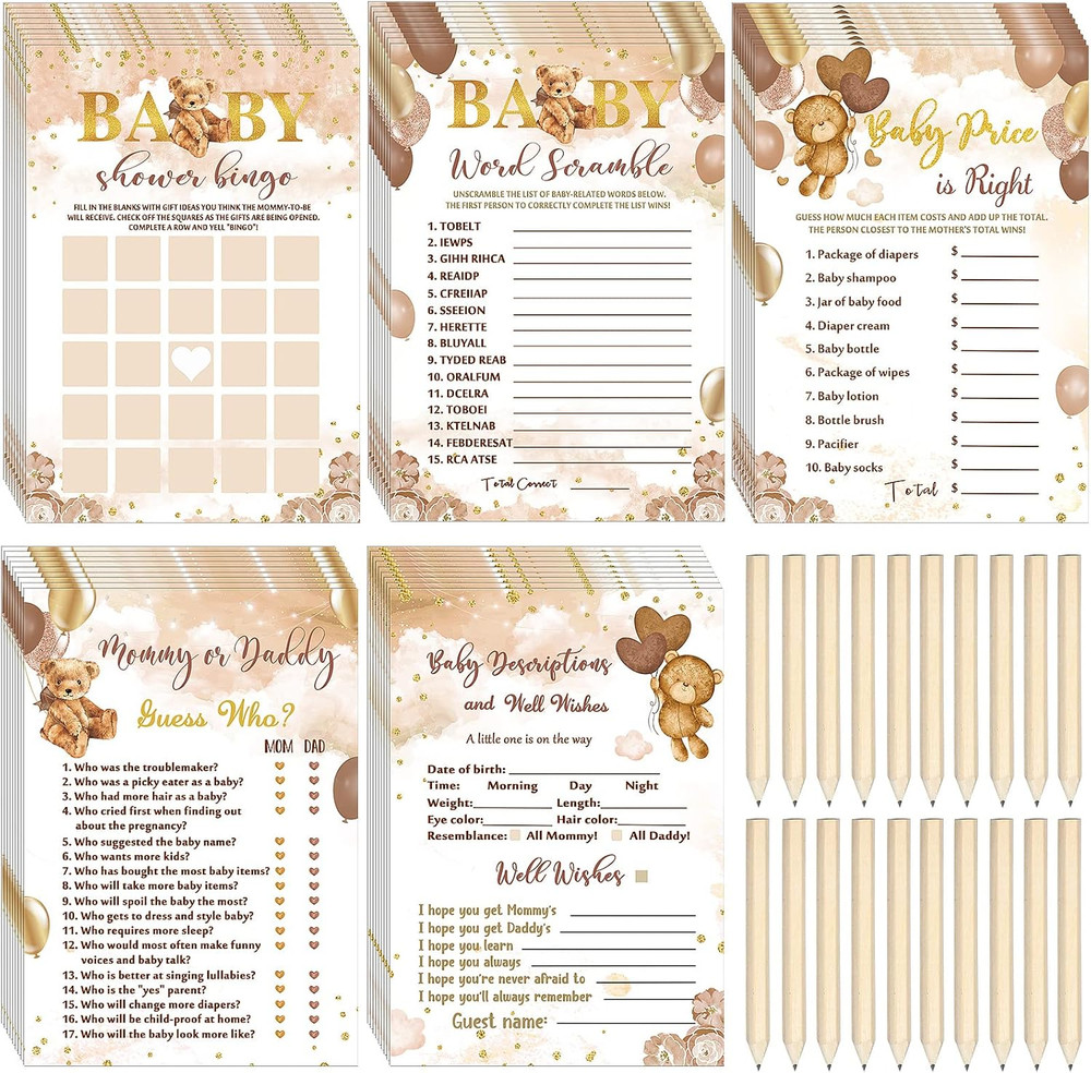 145 Pcs Bear Baby Shower Games Gender Reveal Decoration Set Include 125 Bingo Ca