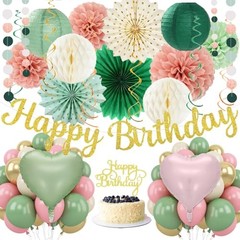 Sage Green Pink Birthday Decorations – 62pcs Happy Birthday Pink Green Gold