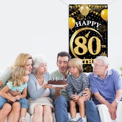 80th Birthday Decorations Door Banner – 1 Pcs Glitter Gold 80th Gold Black