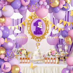 Kit de arco de guirnalda de globos con forma de mariposa de color morado y rosa,