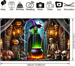 Halloween Witch Banner 71X43 Inch Backdrop with Glowing Pumpkins, Skeletons, Cau