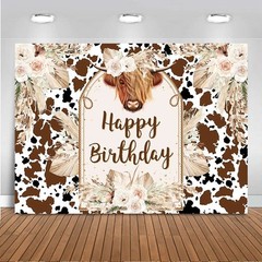 Happy Birthday Cow Backdrop 7x5ft | Boho Farm Photography Background | Cattle Pa