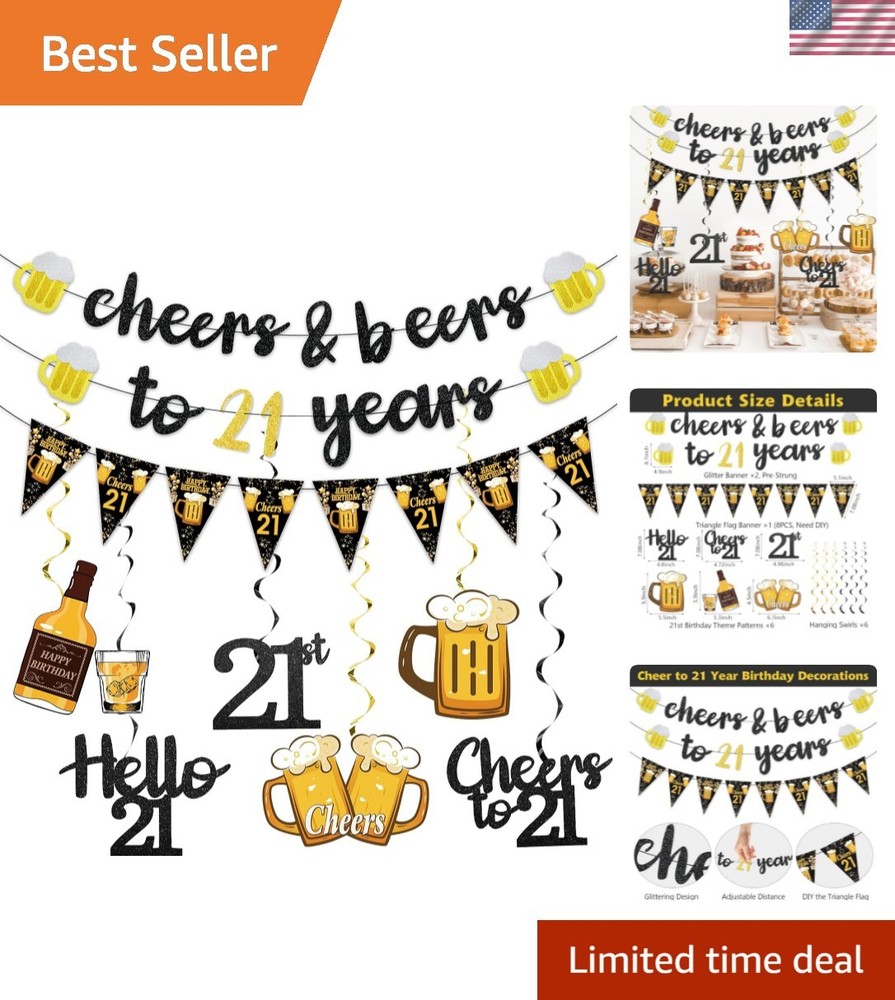 Black Gold 21st Birthday Decorations for Him Men, Glitter Pre-Strung Cheers…