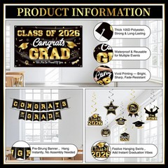 Graduation Decorations Class of 2026 Black and Gold Party Decor Set include C…