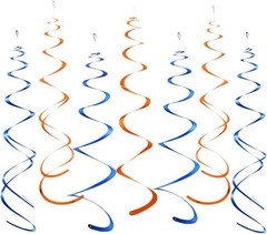 MOWO ORANGE AND ROYAL BLUE FOIL SWIRL HANGING DECORATIONS PACK OF 20 NEW