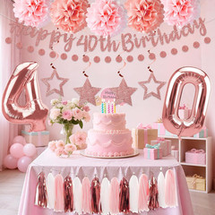 13Pcs 40Th Birthday Decorations for Women, Pink Rose Gold Happy 40Th Birthday Ba
