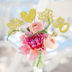 12 PCS Gold Glitter 50th Anniversary Centerpiece Sticks Double Sided Heart