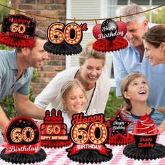 Happy 60th Birthday Red and Black Table Honeycomb Centerpieces Balloons Theme…