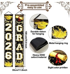 Black Gold Graduation Decorations Class of 2026 Congrats GRAD Porch Sign Banner