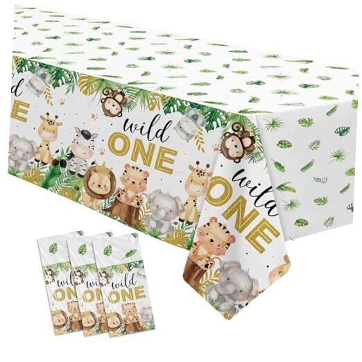 Safari Wild One Birthday Decorations Boy Tablecloth, 3Pcs Disposable Zoo