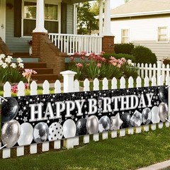 Black and White Happy Birthday Banner with Sparkly Balloons & Stars Pattern,