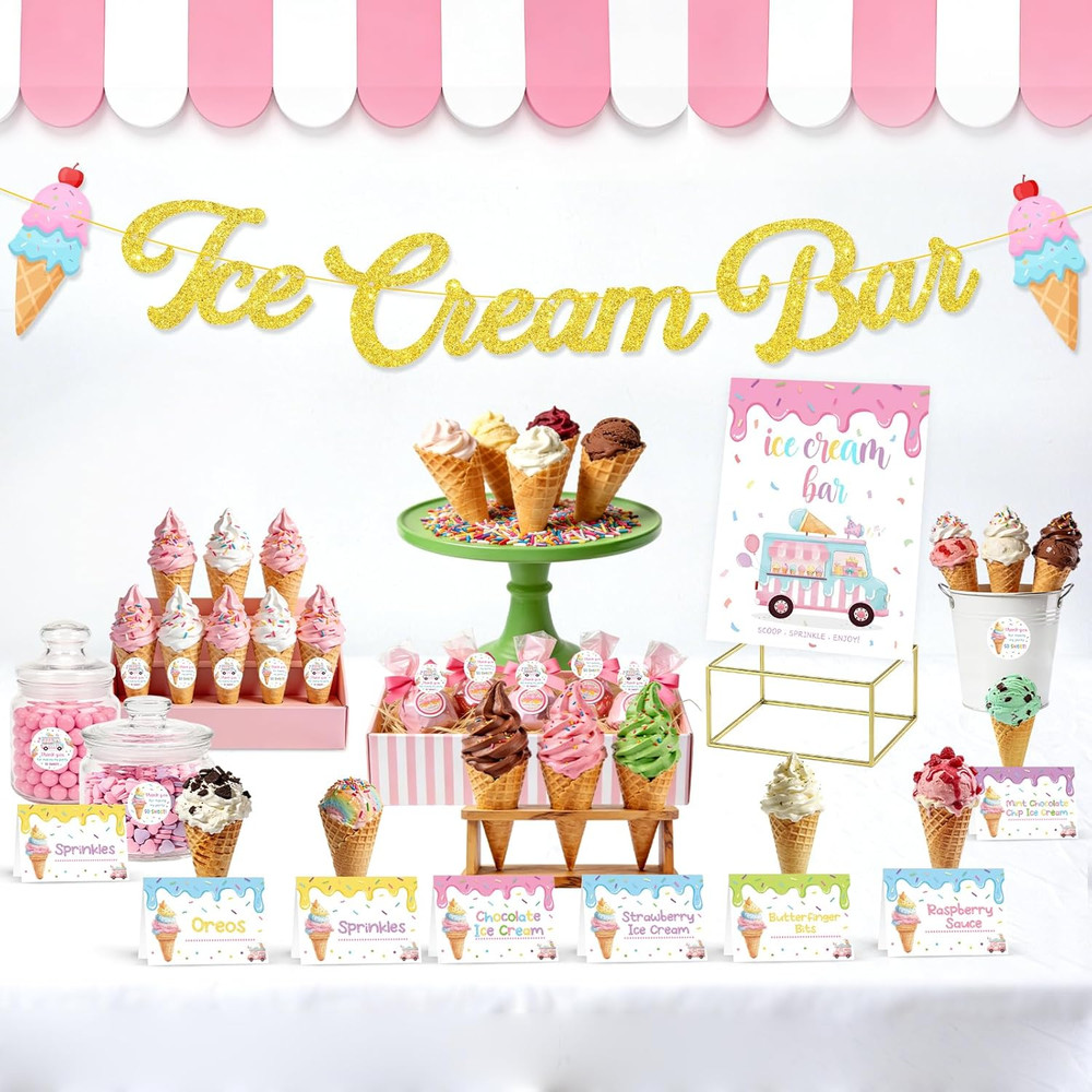 Ice Cream Party Decorations Set, Ice Cream Bar Banner with Table Signs & Topping