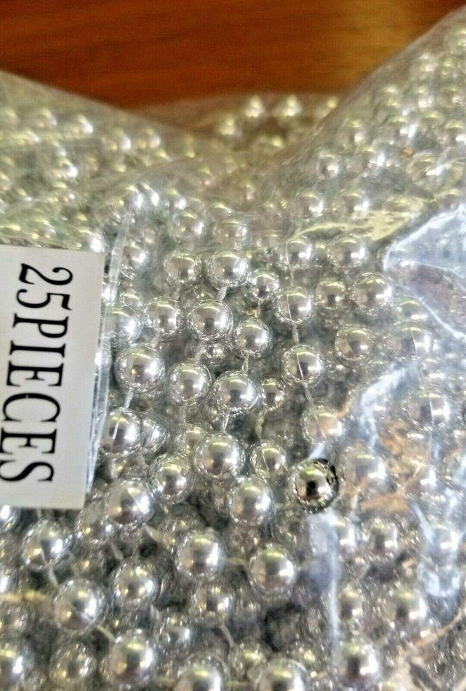 (25 BEADS) SILVER 33″ METALLIC FESTIVE PARTY BEADS NEW YEAR’S EVE/MARDI GRAS