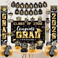 Graduation Decorations 2026 Set Black Gold, Congrats Grad Decor Set with Banner