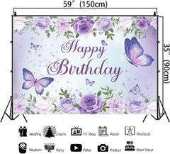 Purple Butterfly Birthday Banner Backdrop for Women Girl (59×36 inch) Purple Hap