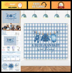 Blue Jean Baby Shower Decorations – Denim Backdrop & Gingham Banner, 5x3ft