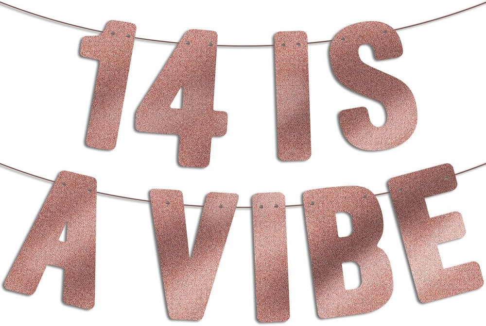 Pre Strung – 14 Is a Vibe – Rose Gold Glitter Banner, 14Th Birthday Decorations