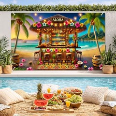 Tiki Bar Aloha Banner 71×43 Inches Hawaiian Summer Backdrop Fruit Juice#003