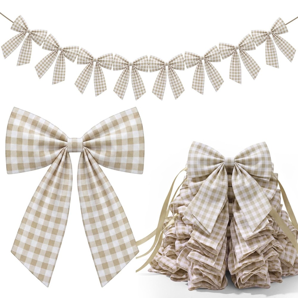 8 ft Beige Gingham Bow Garland Decorations Natural Plaid Fabric Bow Banner Ha…