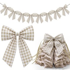 8 ft Beige Gingham Bow Garland Decorations Natural Plaid Fabric Bow Banner Ha…