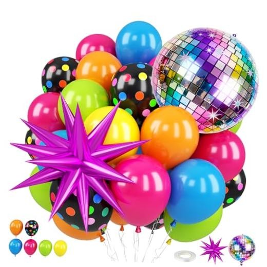 Neon Balloons, 80s 90s Disco Hot Pink Yellow Neon Dot Blue Green Orange