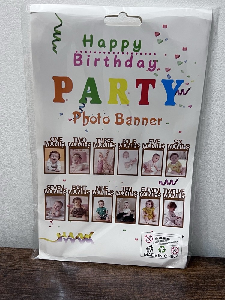 Happy Birthday Party Photo Banner Holds Pictures 1-12 Months New In Package