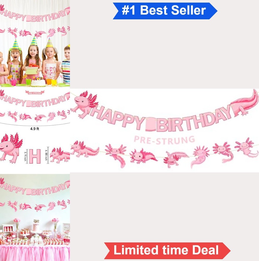 Axolotl Birthday Banner Set Pre-Strung Cute Axolotl Themed Party Decorations No