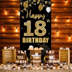 18th Door Banner Backdrop, Happy 18th Decorations for Girls Boys Black Gold, …