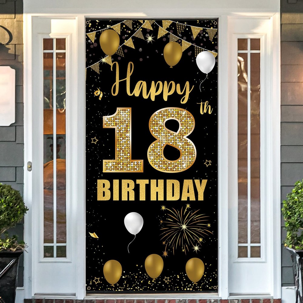 18th Door Banner Backdrop, Happy 18th Decorations for Girls Boys Black Gold, …