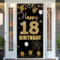 18th Door Banner Backdrop, Happy 18th Decorations for Girls Boys Black Gold, …