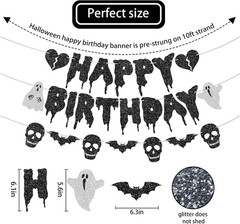 Glitter Black Halloween Birthday Banner-Heart Ghost and Skull Happy Birthday Dec