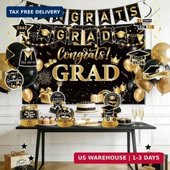 2026 Graduation Party Decorations Black and Gold Congrats Grad Banner Backdrop T