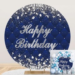Blue Silver Glitter Happy Birthday Backdrop Cover