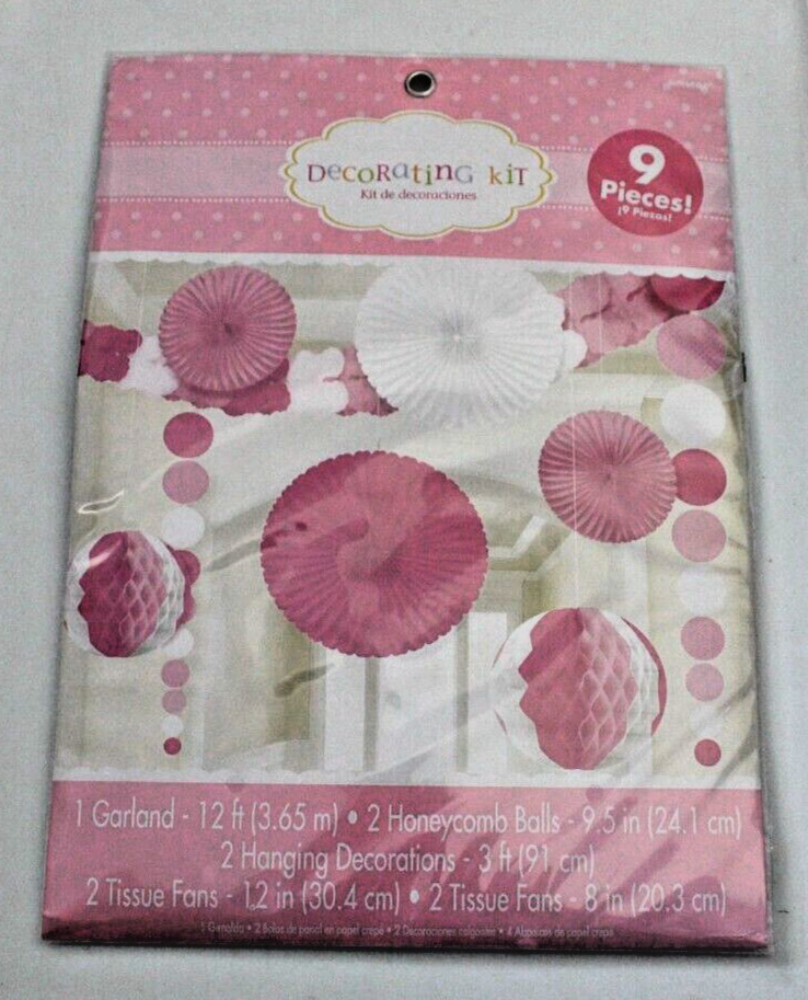 Pink Party Decorating Kit 9 Pieces Garland Honeycomb Balls Tissue Fans Celebrate
