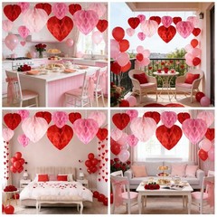 Heart Shaped Honeycomb Balls Valentines Paper Pom Poms Party Decor 12 PCS