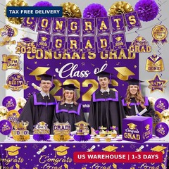 2026 Graduation Decorations Kit – Purple and Gold Class of 2026 Party Decor w…