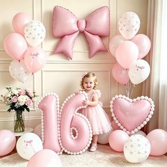 Pink Bow 16th Decorations Girls, Pink and White Balloons with Bow Heart Numbe…