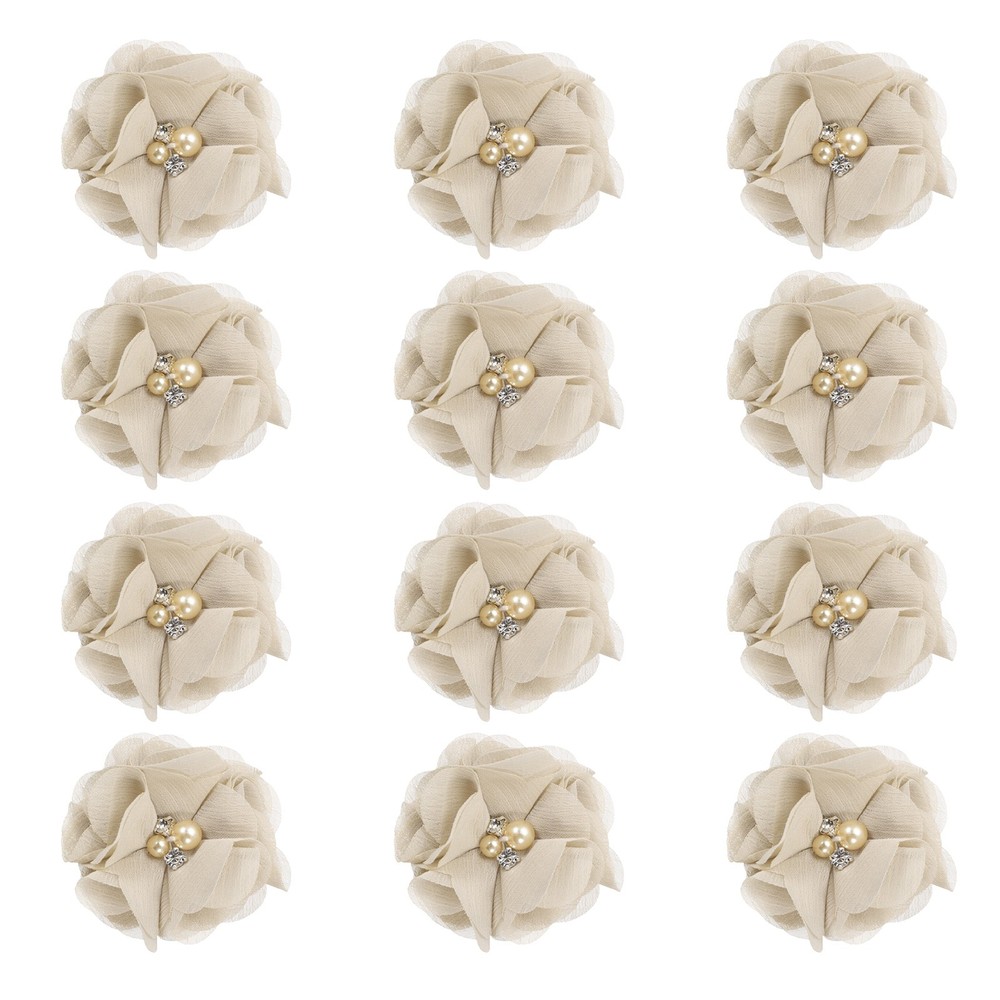 12Pcs 2″ Chiffon Flowers with Rhinestone Pearl Sewing Fabric Flowers, Beige