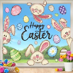 6 Sheets Easter Window Clings Happy Easter Bunny Eggs Window Decals Oil Painting